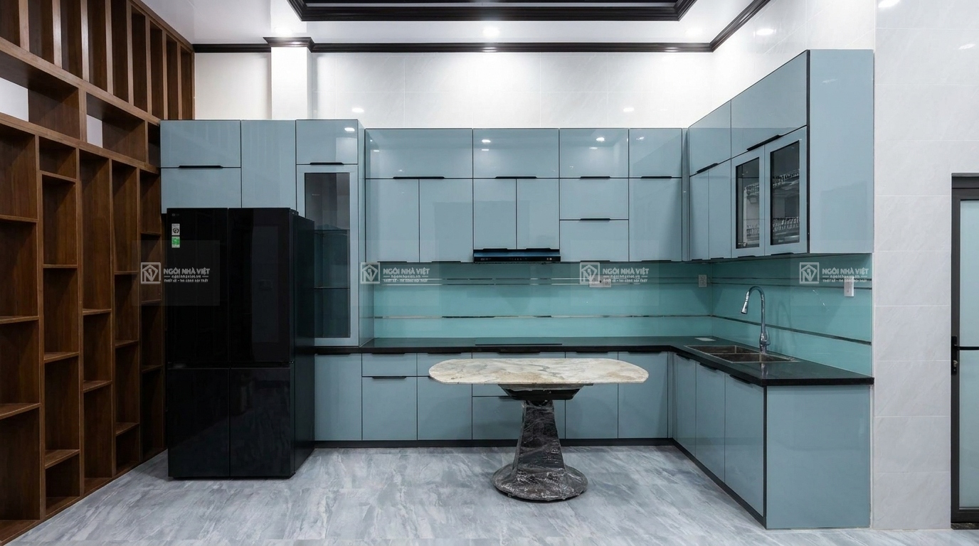 thi công nội thất phòng bếp màu xanh