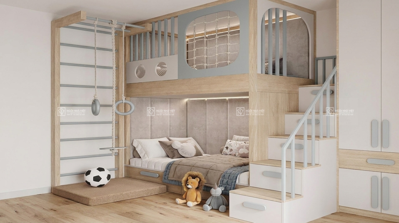 thi công nội thất phòng ngủ giương tầng trẻ em